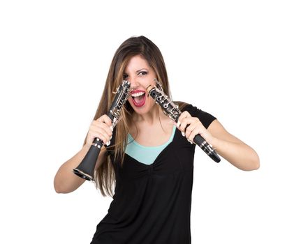 Crazy woman with clarinet divided in half