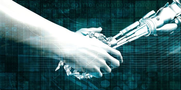 Man and Machine Robot Hand Handshake as Tech Concept
