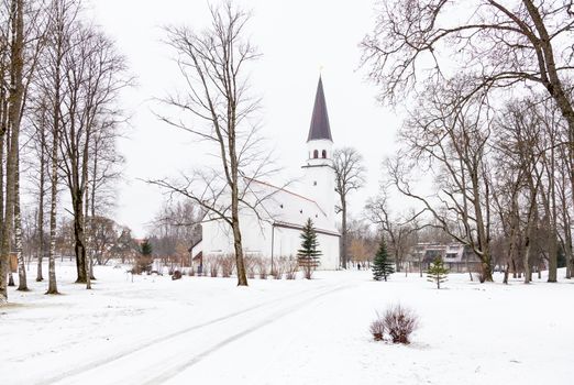 Sigulda is a town in Latvia and the Church is pictured on a winter day.