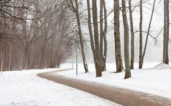 A winter view along a deserted pathway in Sigulda, Latvia.  Sigulda is a part of the Gauja National Park.