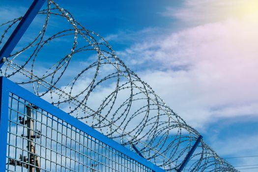 Barbed wires on clear sunny day, security concept