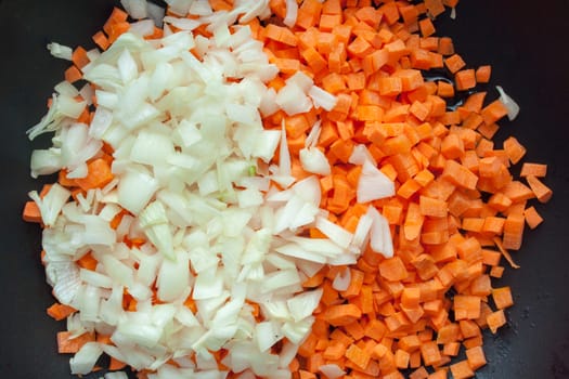 Carrot and onion cutted on black pan background