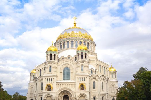 Nicholas the wonderworker's tourist church on Anchor square in kronstadt town Saint Petersburg. Naval christian cathedral church in russia with golden dome, unesco architecture at sunny day