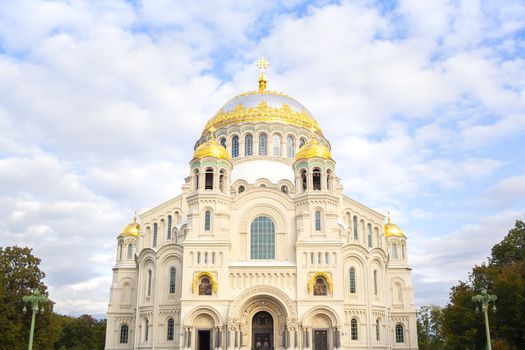 Nicholas the wonderworker's church on Anchor square in kronstadt town Saint Petersburg. Naval christian cathedral church in russia with golden dome, unesco architecture at sunny day horyzontal