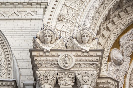 Two angels with wings on exterior of nicholas the wonderworker cathedral church. Architecture of unesco, orthodox sculptures