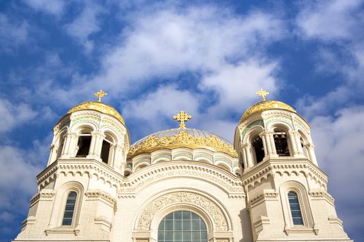 Nicholas the wonderworker's church on Anchor square in kronstadt town Saint Petersburg. Naval christian cathedral church in russia with golden dome, unesco architecture at sunny day