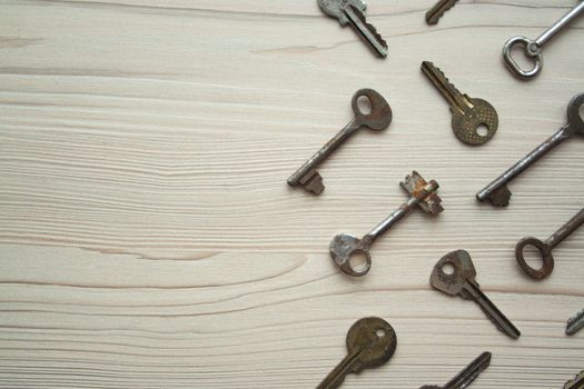 Top view of many old rusty keys background. Many keys Access, security, enter, choice, solutions of problems concept, symbol