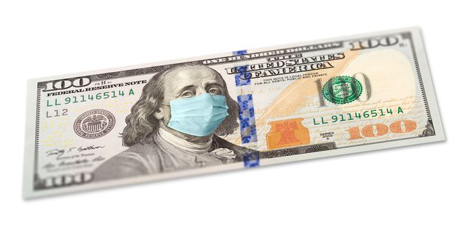Full 100 Dollar Bill With Concerned Expression Wearing Medical Face Mask on White.