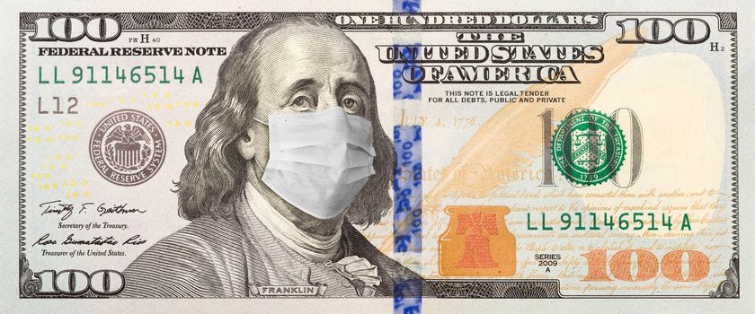 Full 100 Dollar Bill With Concerned Expression Wearing Medical Face Mask.
