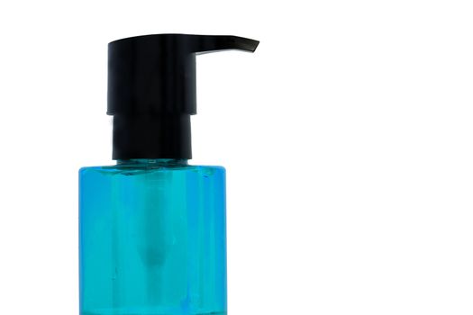 A Blue alcohol sanitizer gel bottle isolated on white background for washing to protect infection and kill Covid-19 virus.