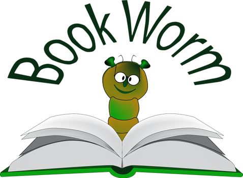 A bookworm cartoon. The book worm is eagerly examining a new hardback book.