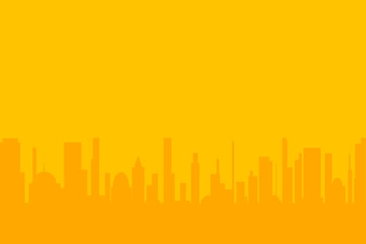 An orange cityscape silhouette set against an orange sky.