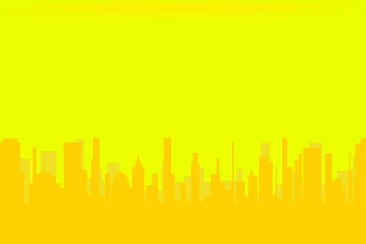 A yellow cityscape silhouette against a yellow sky.