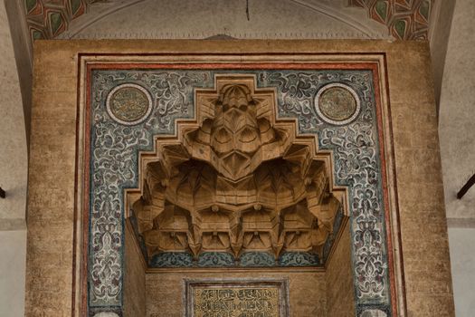 Sarajevo, Bosnia and Herzegovina - 27 February 2019: The ornate wood carved door of a Muslim of Gazi Husrev-beg