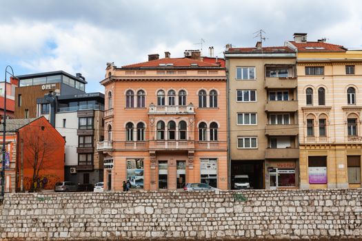 Sarajevo, Bosnia and Herzegovina - 27 February 2019: Obala Kulina bana, architecture of Sarajevo