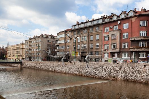 Sarajevo, Bosnia and Herzegovina - 27 February 2019: Art installations over the river