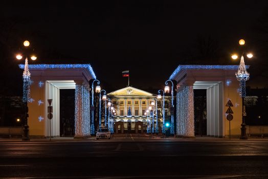 Saint Petersburg, Russia - December 8, 2018: Saint Petersburg administration building (Smolny institute) in new year illumination, St. Petersburg, Russia