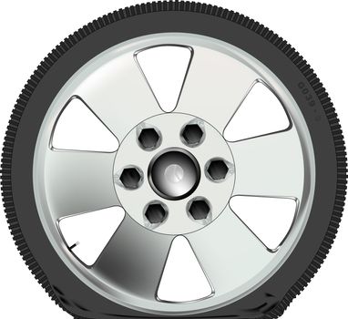 A flat tyre on an aluminium wheel.