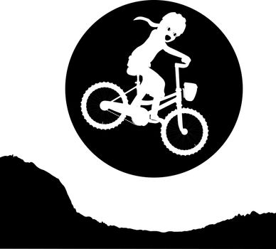 A little girl riding her bicycle across the face of a full moon.