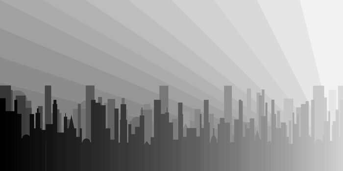 A grey cityscape shown in grey and silhouette.
