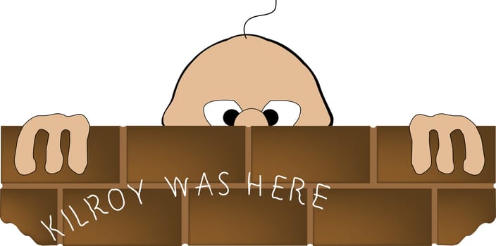 A cartoon man looking over a brick wall with the inscription written on the wall, "Kilroy Was Here".