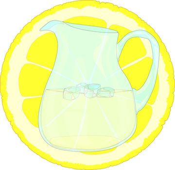A pitcher pf lemonade with a slice of lemon and ice.