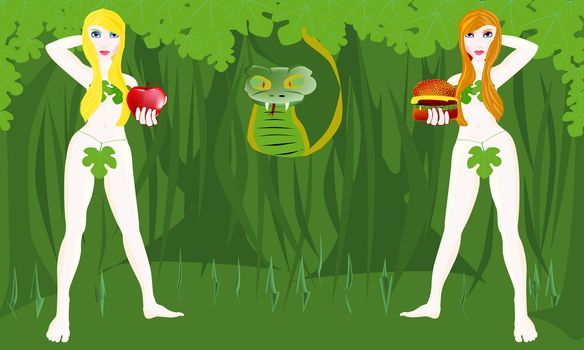 A pair of 'Eve Like' girls in a forest setting, both offering food to the viewer, watched over by a serpent.