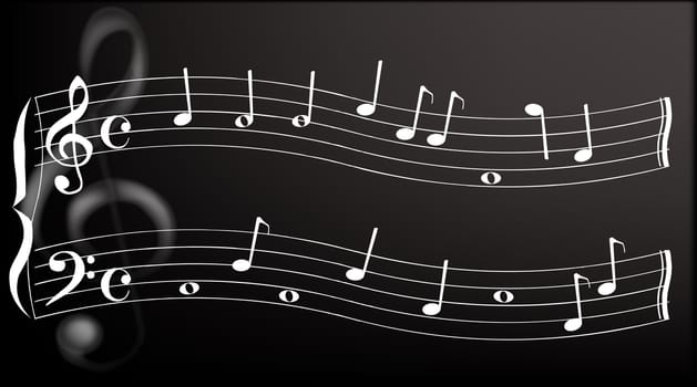 A musical ssrave with random notes and a metalic treble clef in the background.