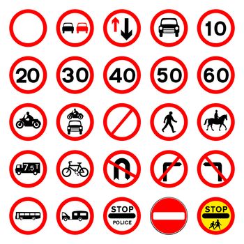 A collection of red circle 'have to be obeyed' road signs.