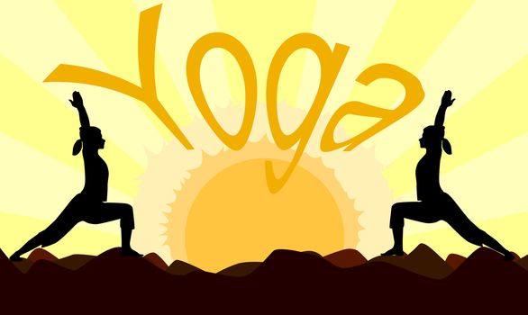 2 yoga poses performed by young women in silhouette set against a yellow sunset.