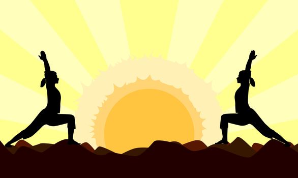 Two women performing a yoga asana against a powerful sunset.