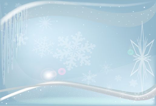 A blue christmas card background with icicles and snowflakes.