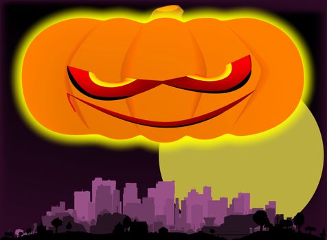 A particularly evil pumpkin hovering over a purple cityscape with a full moon.