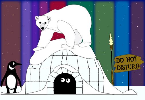 An eskimo emerging from his igloo to find arctic animals and the Northern Lights.