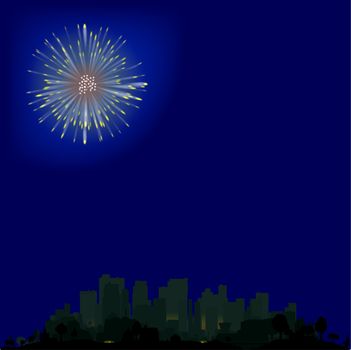 A single sky rovkey exploding over a city at night.