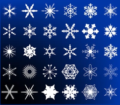 A collection of 30 different snowflakes on a removable blue background.