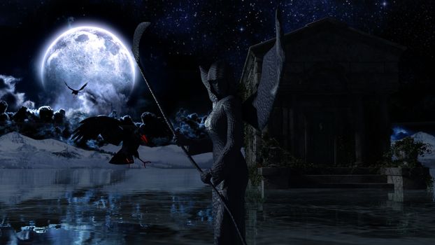 Angel of Death - Spooky Night background with moon - 3d rendering