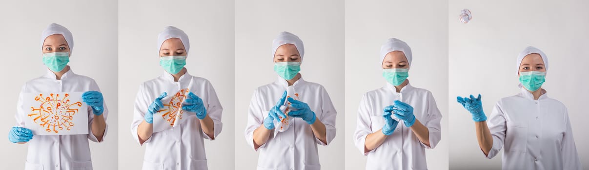 Girl doctor in a mask holds a tablet in his hands - with coronavirus