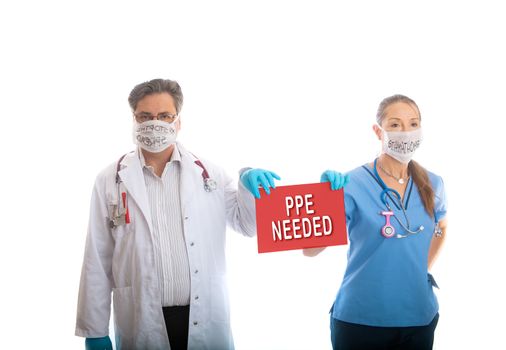 COVID-19 pandemic doctors and nurses hold a sign to request for proper personal protective equipment during the  infectious coronavirus COVID-19 epidemic,