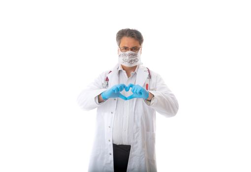 Doctors gloved hands make a heart symbol sign of thanks or compassion during COVID-19 coronavirus pandemic