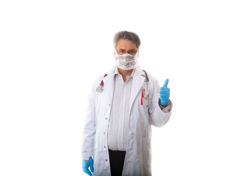 Doctor giving a thumbs up gesture during virus disease pandemic.   COVID-19, influenza, SARS, disease outbreak