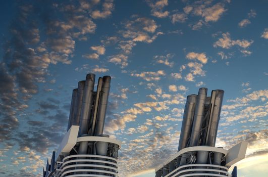 Smokestacks on a luxury cruise ship under a clear blue sky