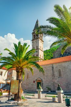 Montenegro. View of ancient town of Perast and Church of St. Mark