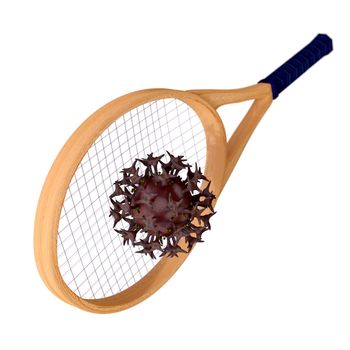 Tennis racquet and virus cell. 3D illustration on the white background.
