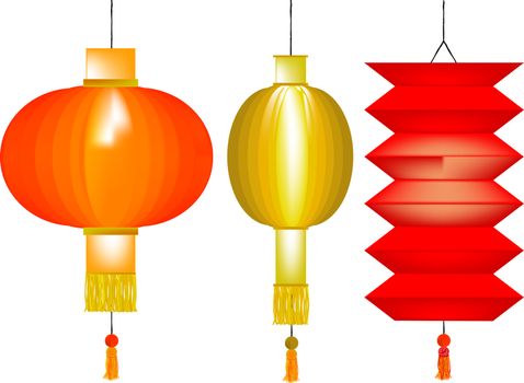 A set of three Chinese paper lanterns.