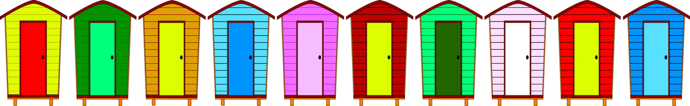 Ten beach huts, no gradients, with copy space and separately grouped.
