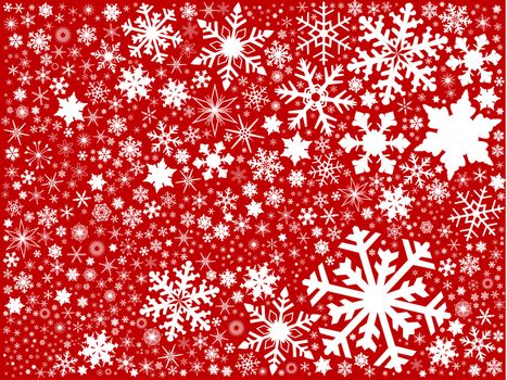 A fountain of christmas snowflakes on a red background.