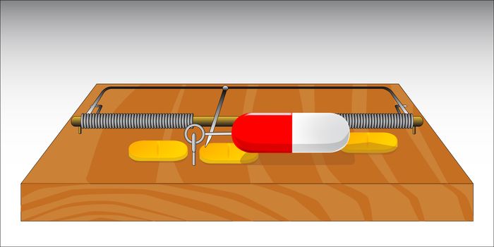 A traditional wood base and wire spring mouse trap bated drugs.