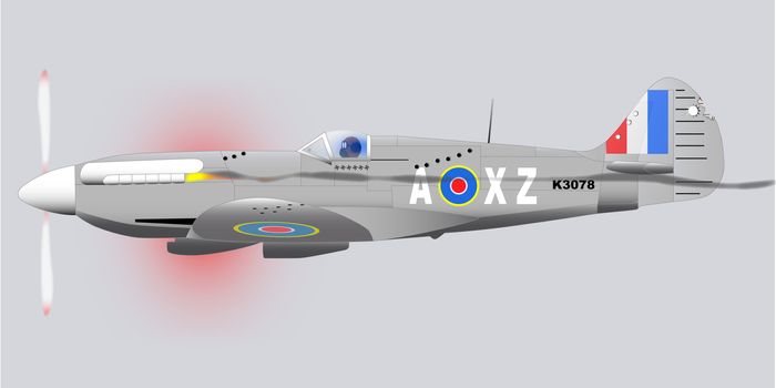 A Supermarine World War II Spitfire Mark XIV fighter plane returning from patrol with flack and machine gun dmage.