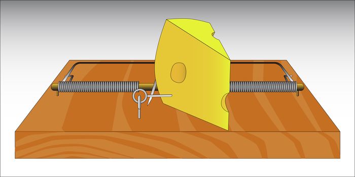 A traditional wood base and wire spring mouse trap bated with cheese.